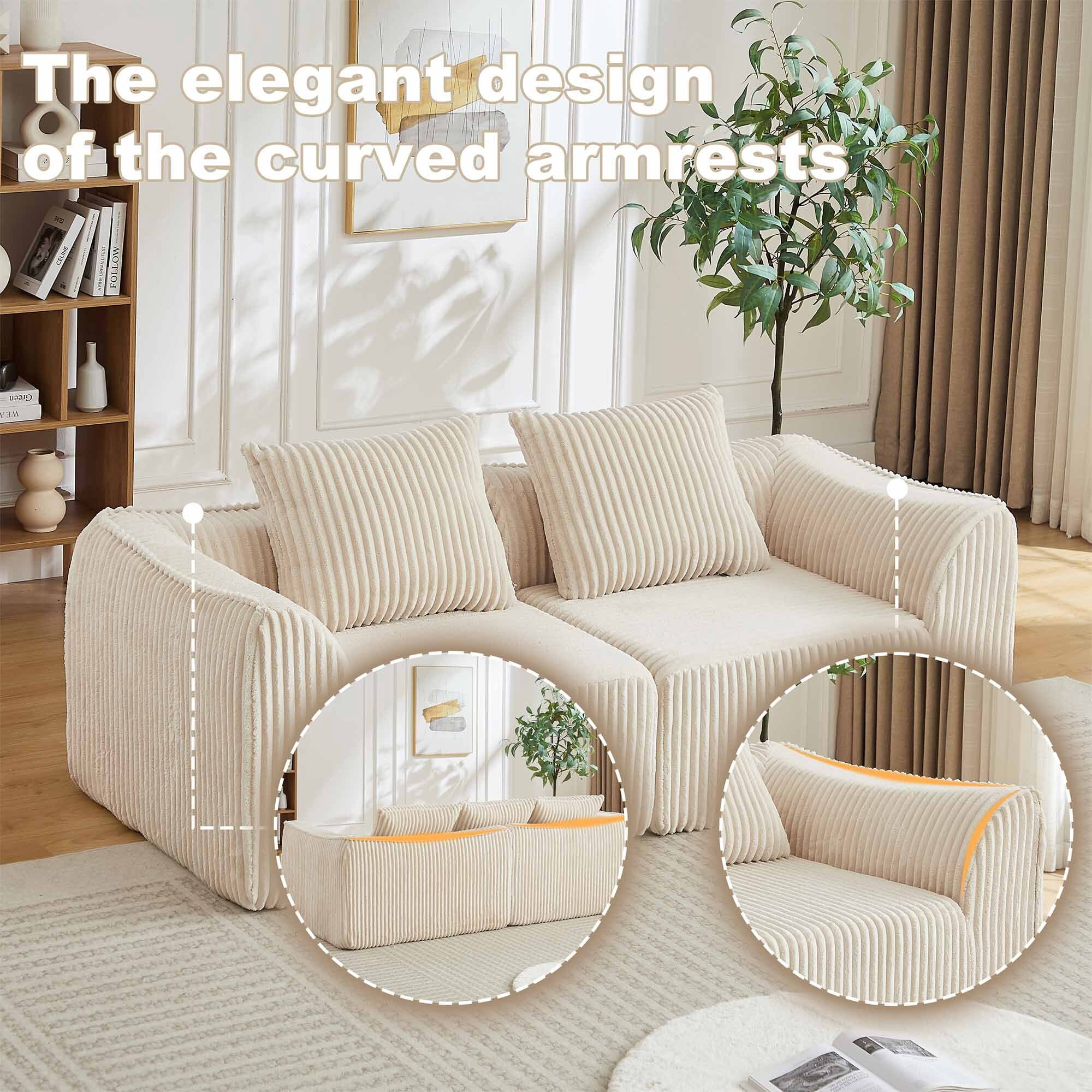 Lunale 2-Seater Modular Sectional Sofa, 72" Boneless Cloud Couch, No Assembly Required, Small Corduroy Sofa for Living Room, Beige