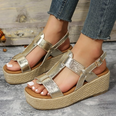 

XIAQUJ Women Summer Solid Buckle Strap Straw Casual Open Toe Wedges Comfortable Beach Shoes Sandals Sandals for Women Gold 8(40)