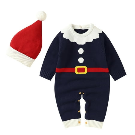 

ZHUASHUM Boy Girl Christmas Knitted Sweater Baby Jumpsuit Romper Cotton 1 Piece Hat Caps Outfits Clothes Set
