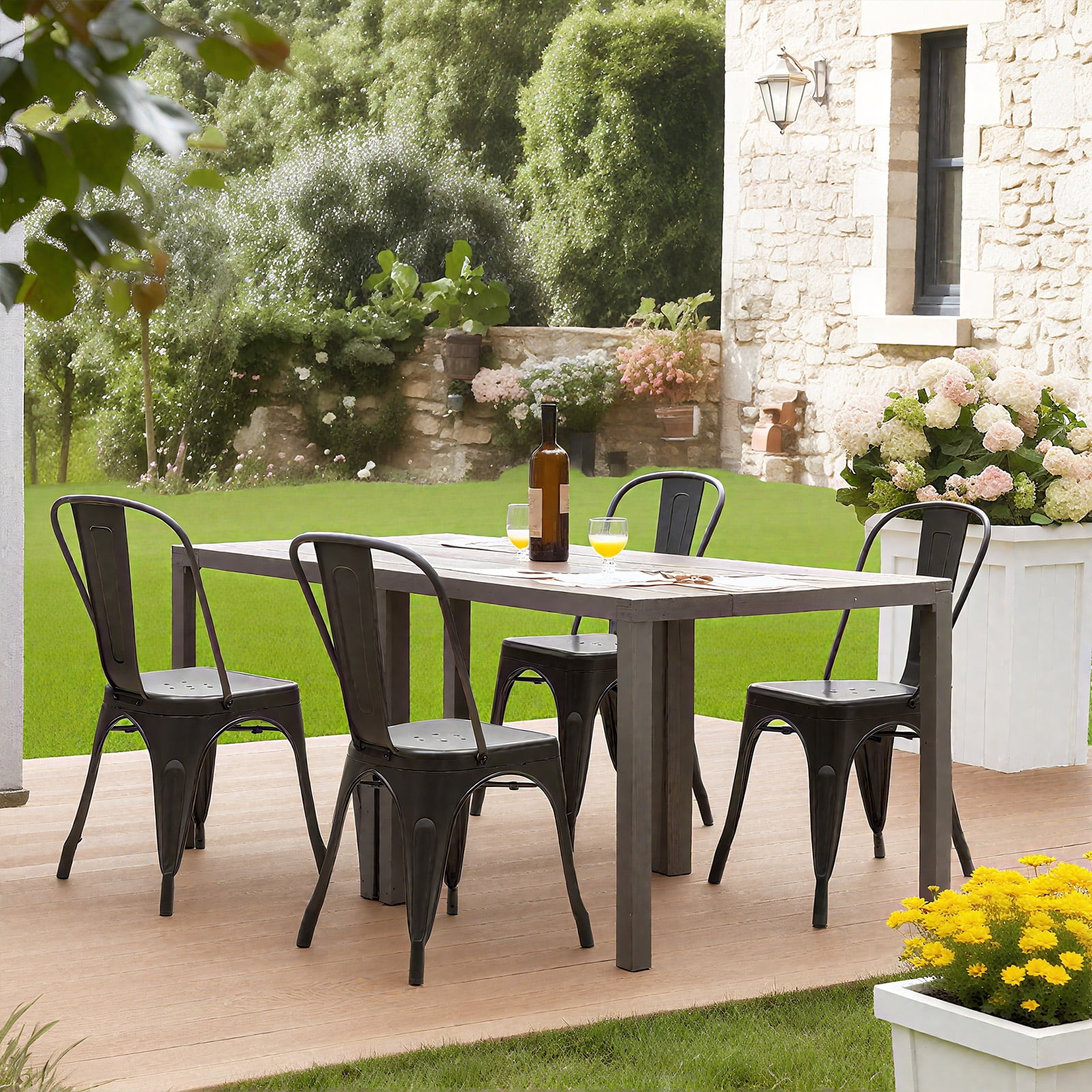 edx Metal Dining Chairs Set of 4, 18" Stackable Indoor Industrial Vintage Chairs, Black