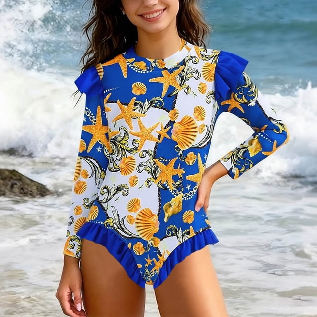 Odeerbi 2-12 Años Niñas Ruffle Manga Larga de Una Sola Pieza Rash Guard Traje de Baño Hawaiano Upf 50 + Protección Solar Baño En Seco Rápido