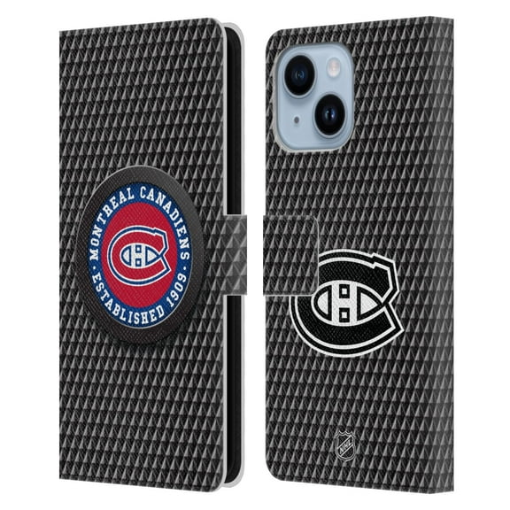 Head Case Designs Officially Licensed NHL Montreal Canadiens Puck Texture Leather Book Wallet Case Cover Compatible with Apple iPhone 14 Plus