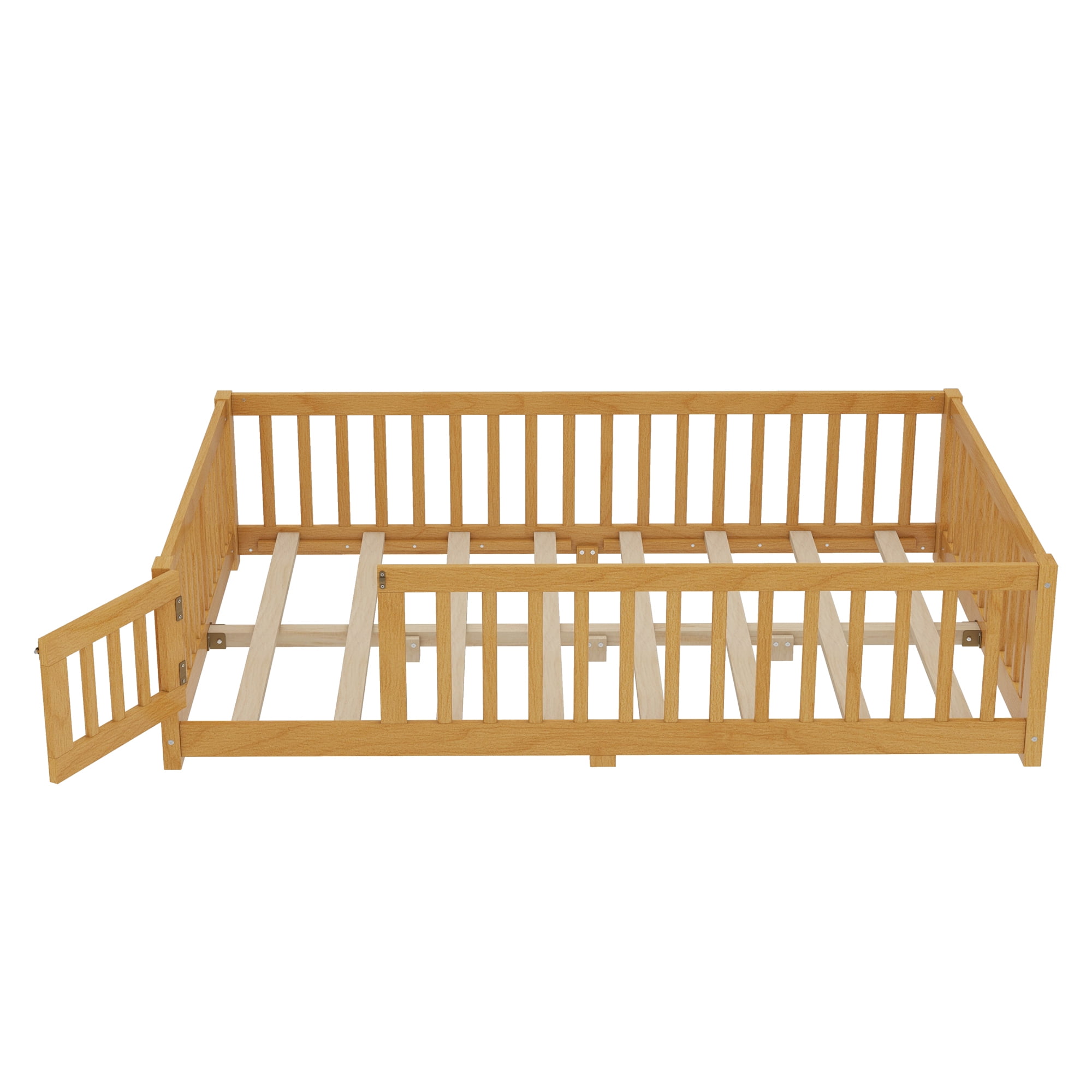 Jopath Full Size Floor Bed Frame,Montessori Bed with Guardrails and Door,with Slatted Base,for Kids,Boys,Girls,Natural