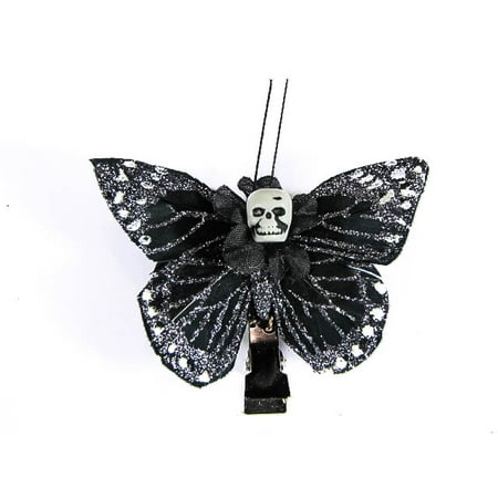 Hairy Scary Black & Silver Glitter Small Kahlovera Skull Butterfly Feather Hair Clip