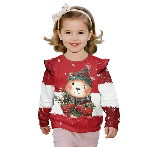 Xixirimido Cartoon Bear Christmas Theme Print Toddler Girls Sweatshirt Crewneck Pullover Long Sleeve Tops Blouse Graphic Sweater T-Shirt Fall Winter Clothes Ruffle Shoulder, for 5-6Y