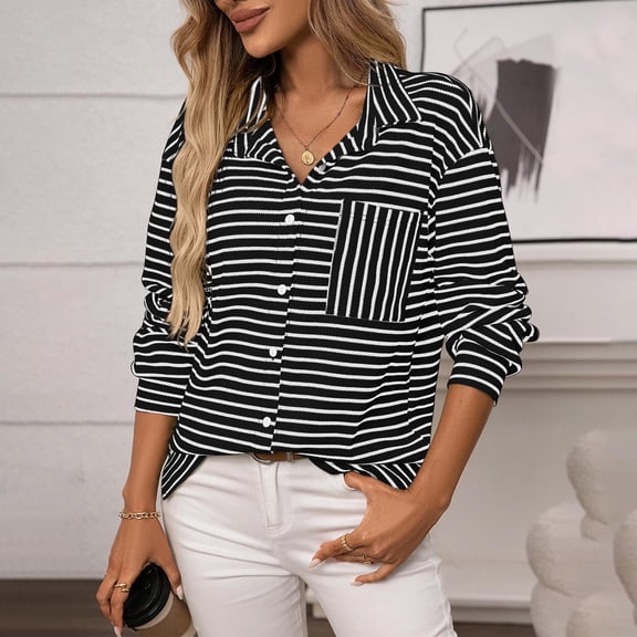 Womens Summer Blouses Casual Striped V Neck Tunic Tops Long Sleeve Button Down Shirts Black M