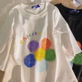 thumbnail image 3 of Camiseta de manga corta con flores de arcoíris de algodón puro para mujer, estilo veraniego, versátil, de marca de moda, versión coreana, cuello redondo, 3 of 4