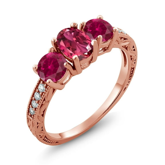 Gem Stone King 2.97 Ct Oval Pink Tourmaline Red Created Ruby 18K Rose Gold Plated Silver Moissanite Ring (Size 9)