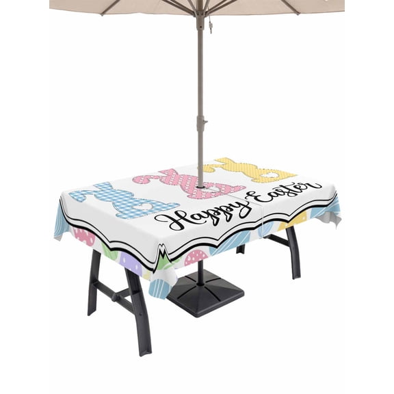 Outdoor Tablecloth with Umbrella Hole and Zipper, Happy Easter Rectangle Table Cloth 60x84 Inch Waterproof Tablecloth, Colorful Rabbits Eggs Spring Picnic Table Cover for Patio Camping