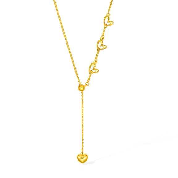 ZHOU LIU FU 18K Yellow Gold Multi-Heart Lariat Necklace for Women 16.5''-18.5'' C0614016