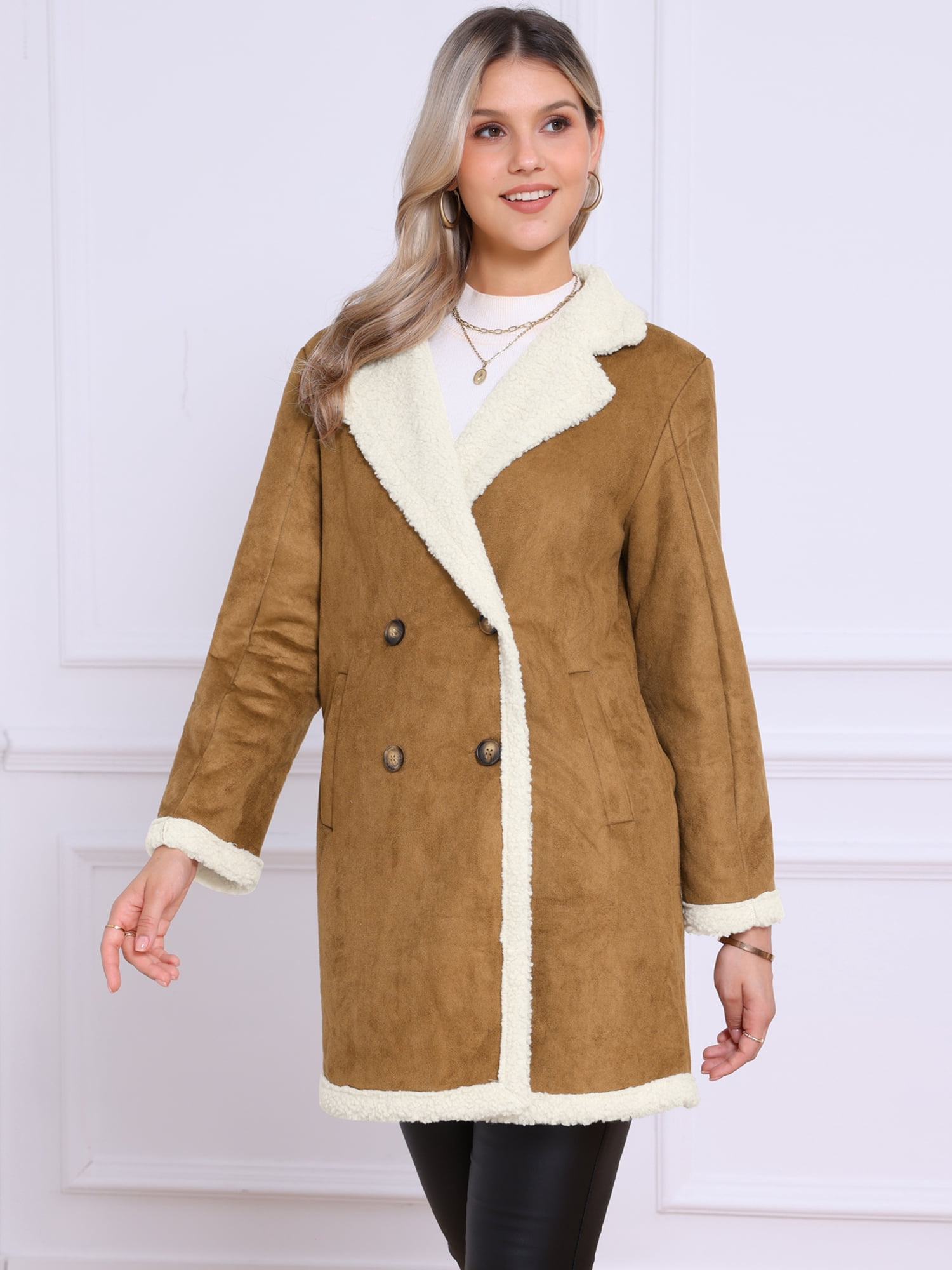 DARING DIVA Women's Faux Suede Coat Double Breasted Warm Teddy Jacket M Brown