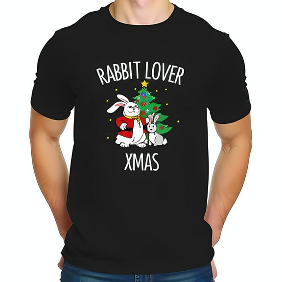 Playful Cotton Short Sleeve T-Shirt for Rabbit Lovers - Festive in Santa Outfit & Christmas Tree Design