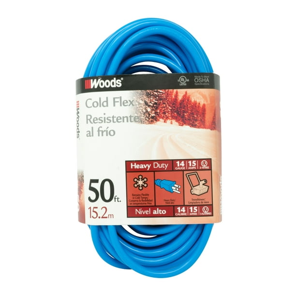Woods 14/3 Outdoor ColdFlexible SJTW Extension Cord, Blue, 50Foot