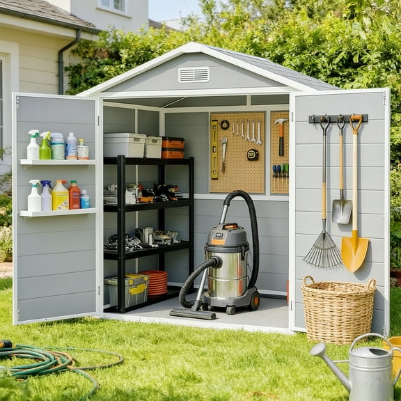 Outdoor Storage Shed with Floor, Lofka 6' x 4' Resin Outdoor Shed with Side Windows for Garden, Patios, Backyards, Gray