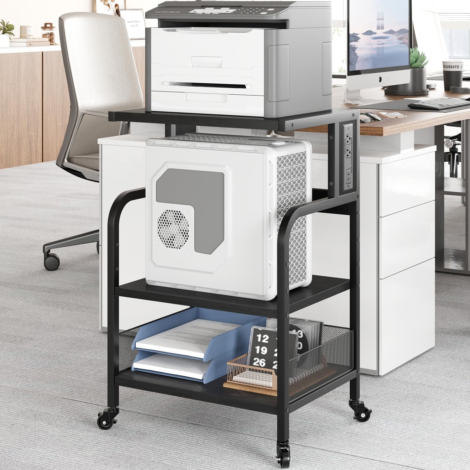 31.4''H Printer Stand with Power Outlets and USB Ports 3 Tier Printer Table w/Wheels Printer Storage Cart Rolling Printer Cart with Storage Shelf for Printer Scanner, Fax, Home Office