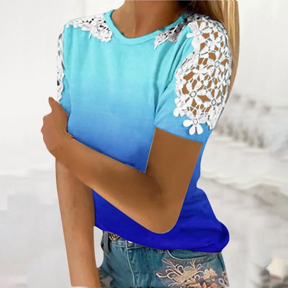 CALAFEBILA Women's Short Sleeve Tee Shirt Lace Summer Blouses for Women,Women's Fashion Gradient Blouse Summer Short Sleeve Crew Neck Women Tops