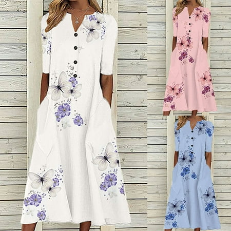 Summer Savings Clearance 2022! BEFOKA Spring Dresses Fashion Women Casual Loose Butterfly Printing V-Neck Half Sleeve Button Pockets Long Dress White S