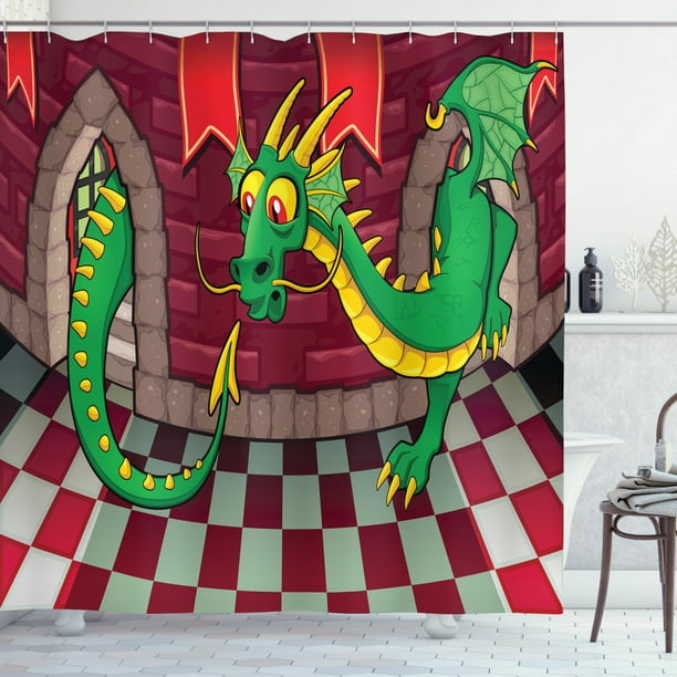 Cartoon Shower Curtain, Video Game Design inside the Castle with Dragon  Fantasy World Medieval Illustration, Fabric Bathroom Set with Hooks, 69W X  75L Inches Long, Ruby Green, by Ambesonne 