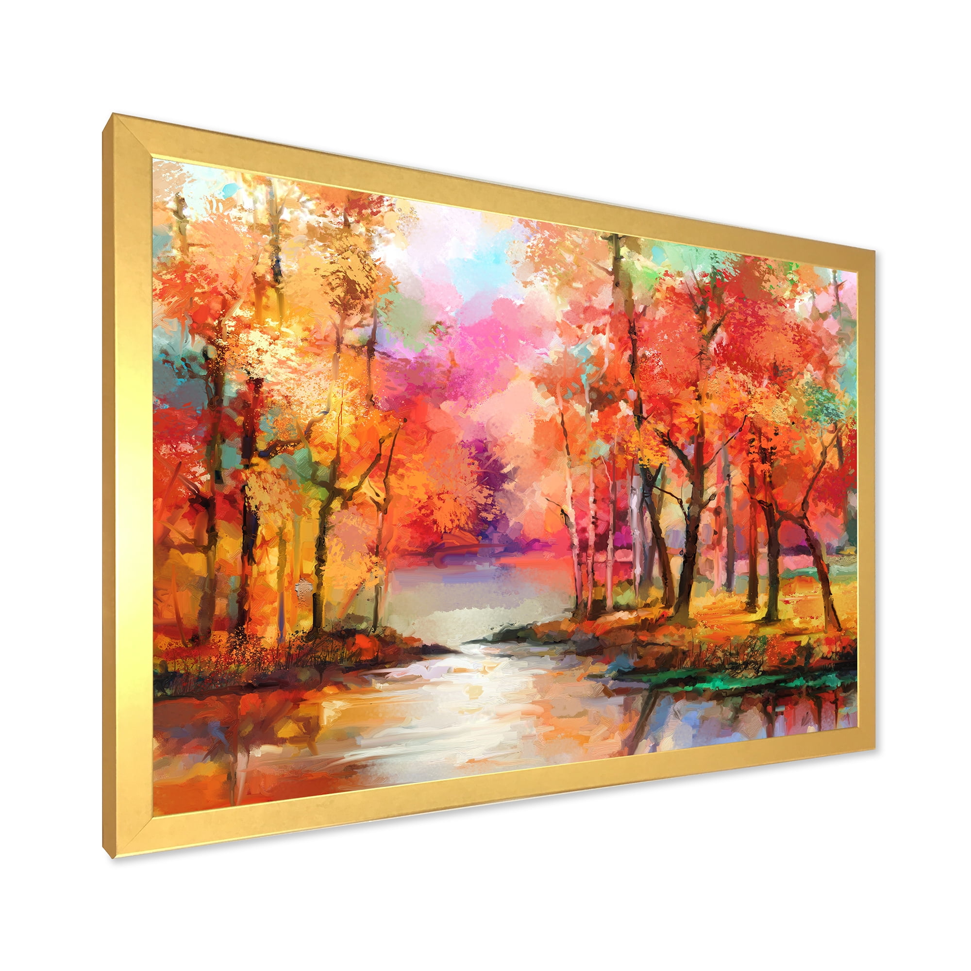 Designart 'The Lake In Autumn By Colorful Autumn Trees' Modern Framed Art Print