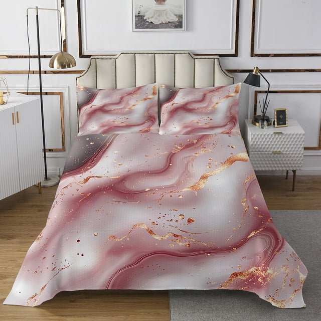 Pink Watercolour Marble Bedspread Set King Size Abstract Art Coverlet Set For Teens Girls Adults Colorful Retro Artwork Style Quilt Set Stone Pattern Bedding Set
