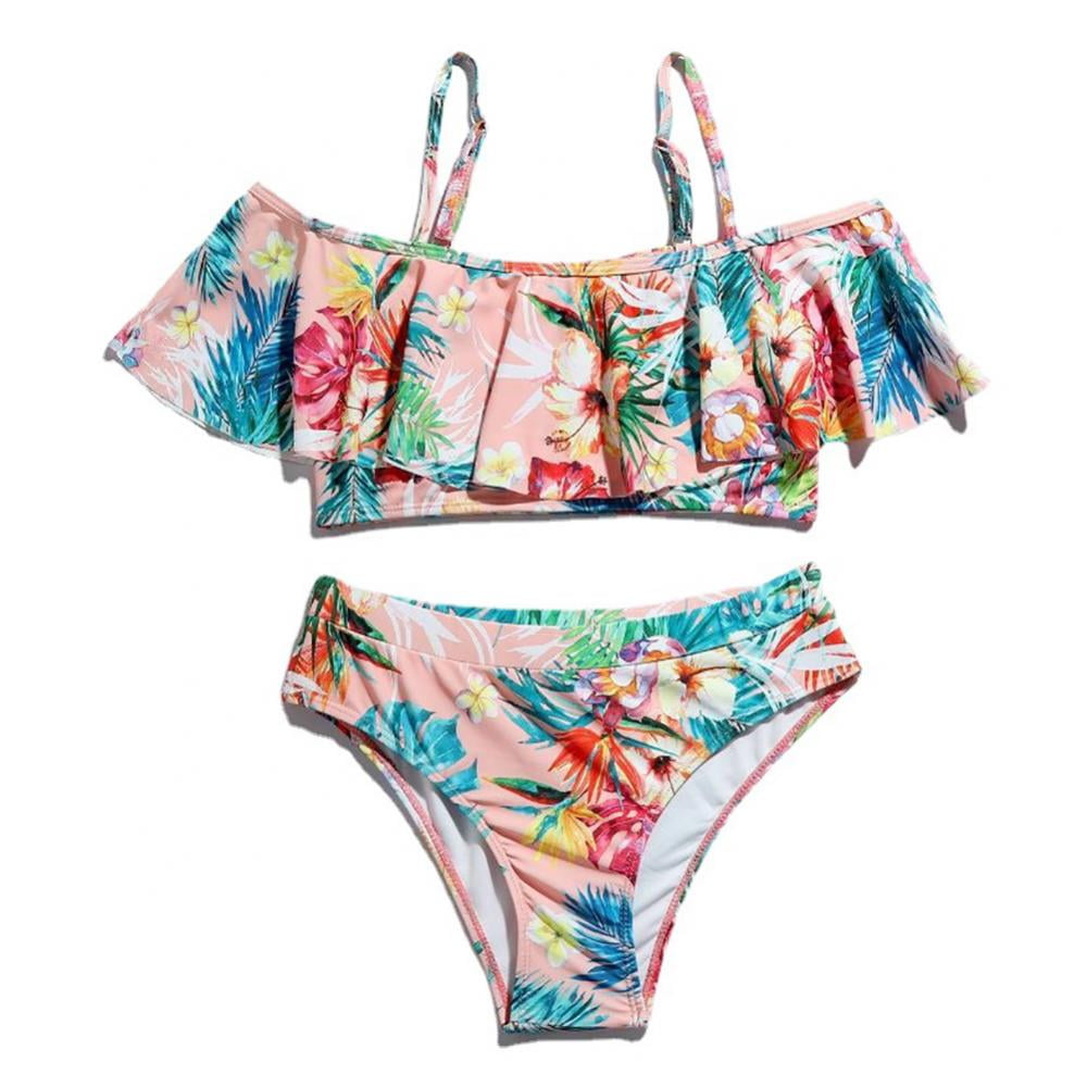 Roxy Girls Island Tiles Ruffle Bandeau 2 Pc Bikini Swimsuit Set Blue 