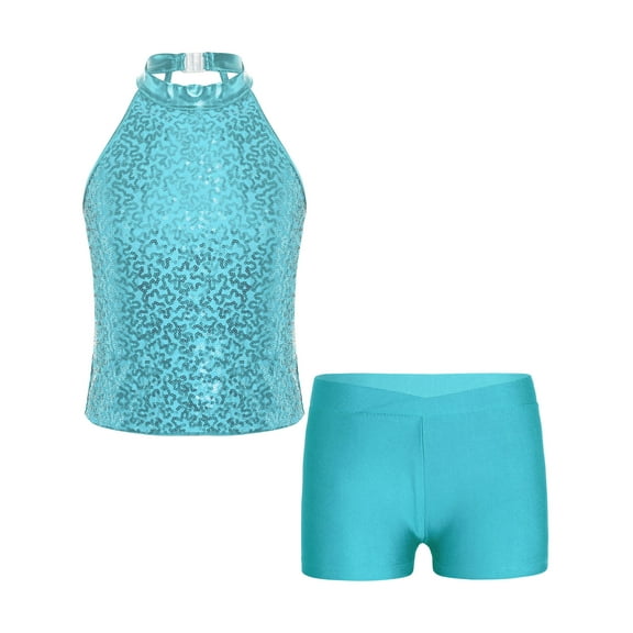 CHICTRY Kids Girls Gymnastic Ballet Dance Outfit Halter Shiny Sequins Crop Top with Shorts Dancewear Light Blue 12