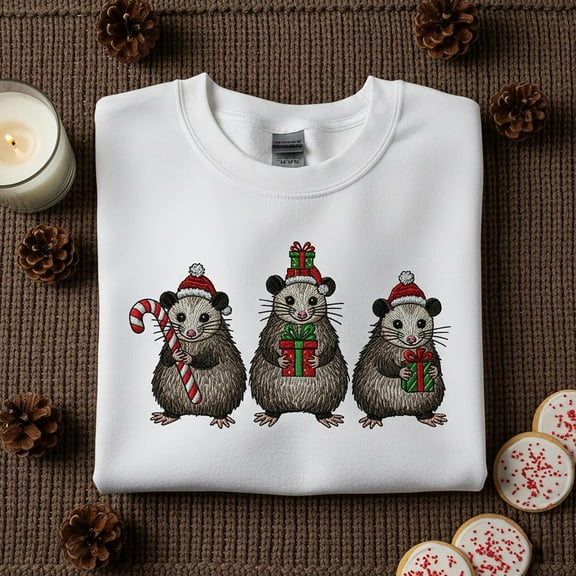 Embroidered Christmas Possum Sweatshirt, Cute Animal Gifts Candy Cane Crewneck, Funny Holiday Opossum Gift