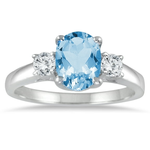 SZUL Women's Blue Topaz and Diamond Three Stone Ring 14K White Gold