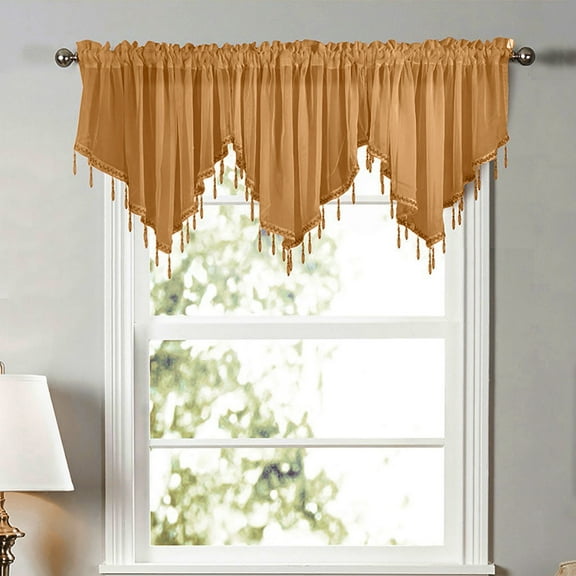 HCBY Lace Valance Swag Curtain 51 Inch Scalloped Sheer Curtain Panels with Crystal Beads - Rod Pocket Farmhouse Window Treatment for Kitchen Bedroom 3pcs Boho Chic Drape Decor Yellow