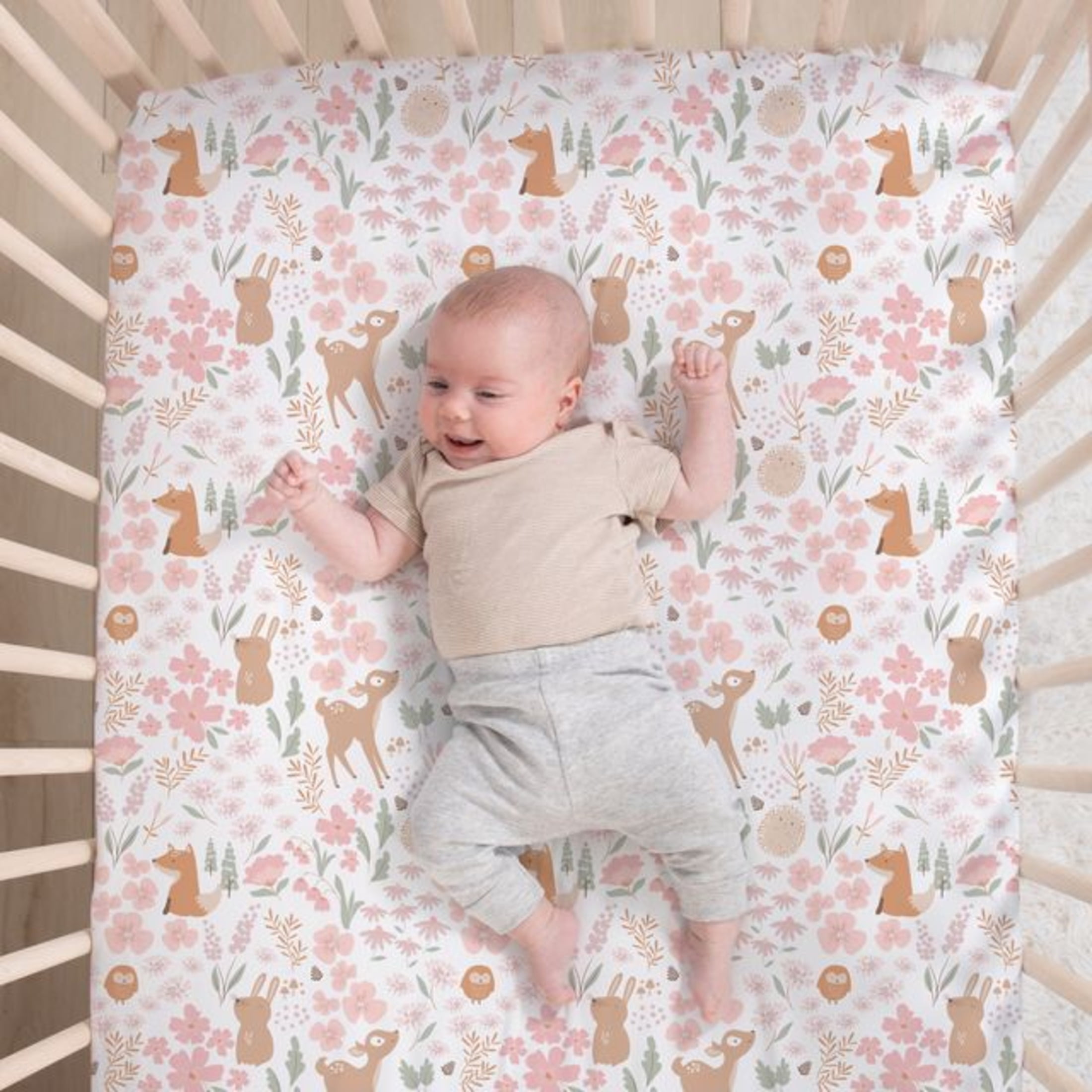 The Peanutshell Pink and White Fairytale Forest Crib Bedding Set for Baby Girls, 3 Piece Nursery Set