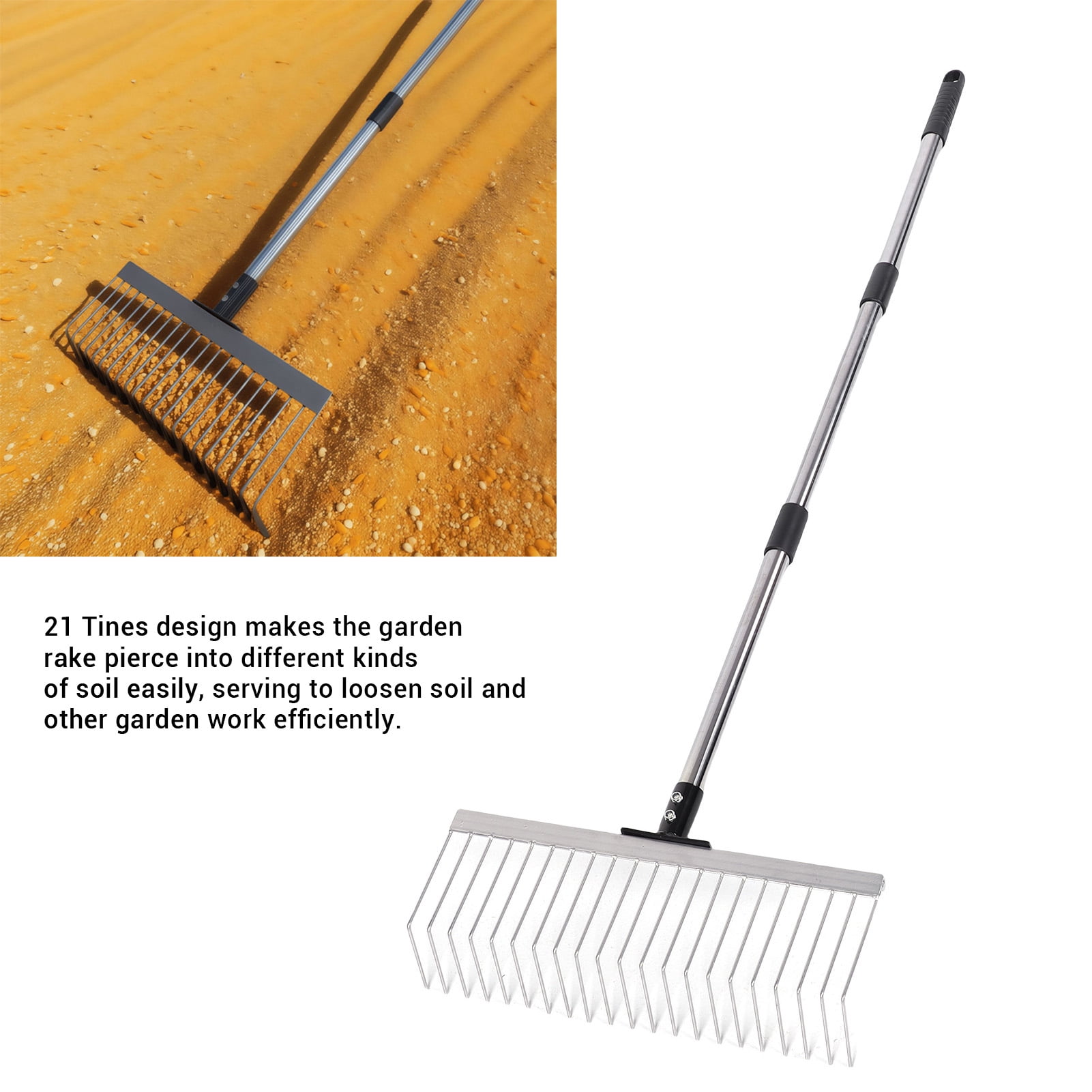 Xirurus 63 inch Adjustable Bow Garden Rake with Detachable Handle 21 Tines Heavy Duty Yard Thatching Tool for Loosening Soil Gathering Leaf Lawn 160 cm
