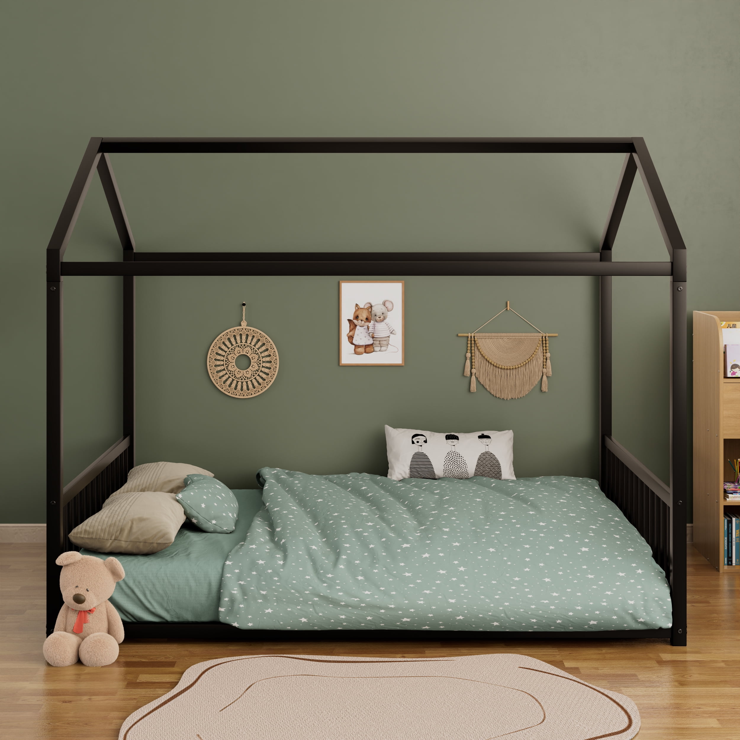 Euroco Metal Full Size Canopy Bed, Low Profile House Bed with Guardrails, Black
