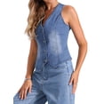 thumbnail image 4 of Chaleco de mezclilla sin mangas para mujer INSPIRE CHIC, con cuello en V y botones, chaqueta casual de mezclilla, azul claro, talla S, 4 of 6
