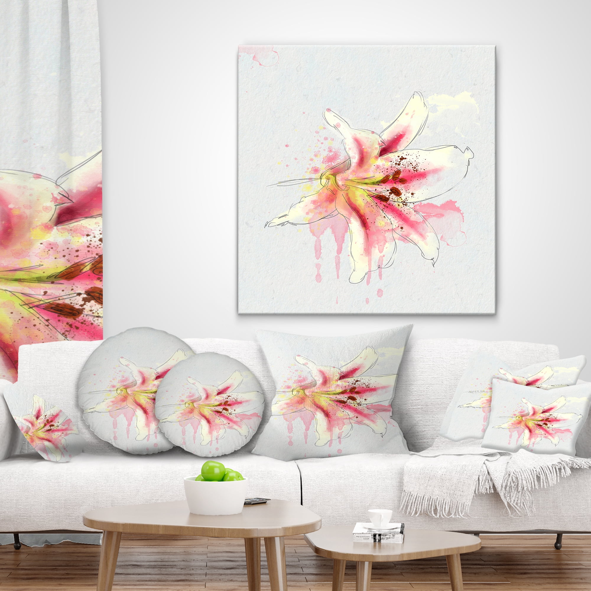 Designart Pink Yellow Lily Watercolor Sketch - Flowers Throw Pillowwork - 18x18