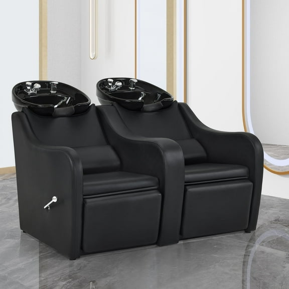 BarberPub Double-Seat Backwash Shampoo Station Chair with Legrest, Ceramic Shampoo Bowl and Chair Set for Salon Barbershop, Black