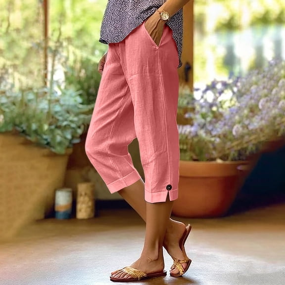 PiGOGI Women's Spring Solid Elastic Waist Cotton Linen Straight Pants, Versatile Wide Leg Trousers with Pockets, Casual Everyday Long Pants Watermelon Red XL