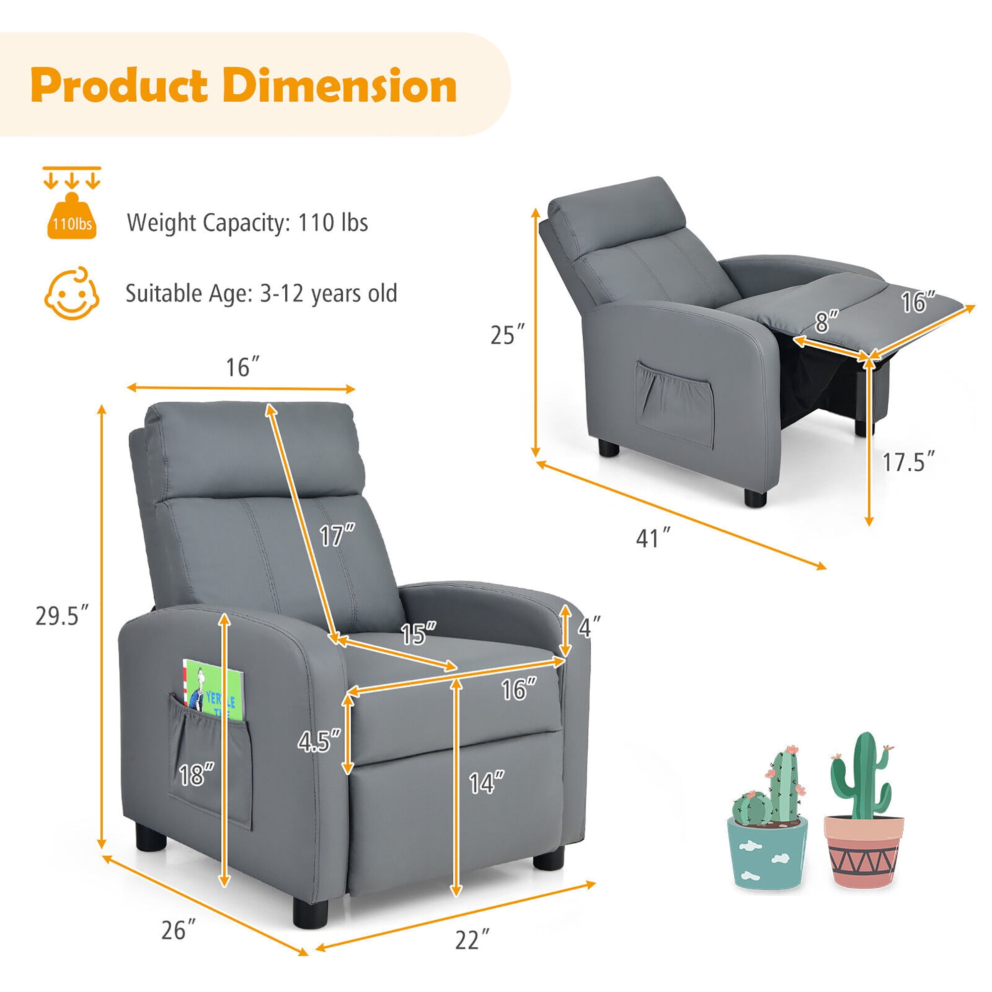 Gymax Kids Recliner Chair Adjustable Leather Sofa Armchair w Footrest Side Pocket Grey Walmart