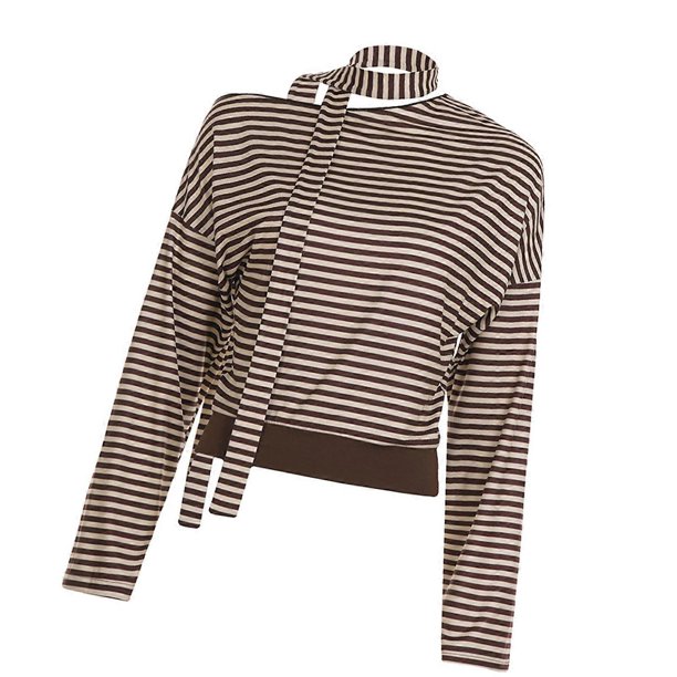 Women Asymmetrical Off Shoulder Slimming Long Sleeve Blouse Daily Wear Stripe T-Shirt Waist Cinching Crop Top with Scarf L