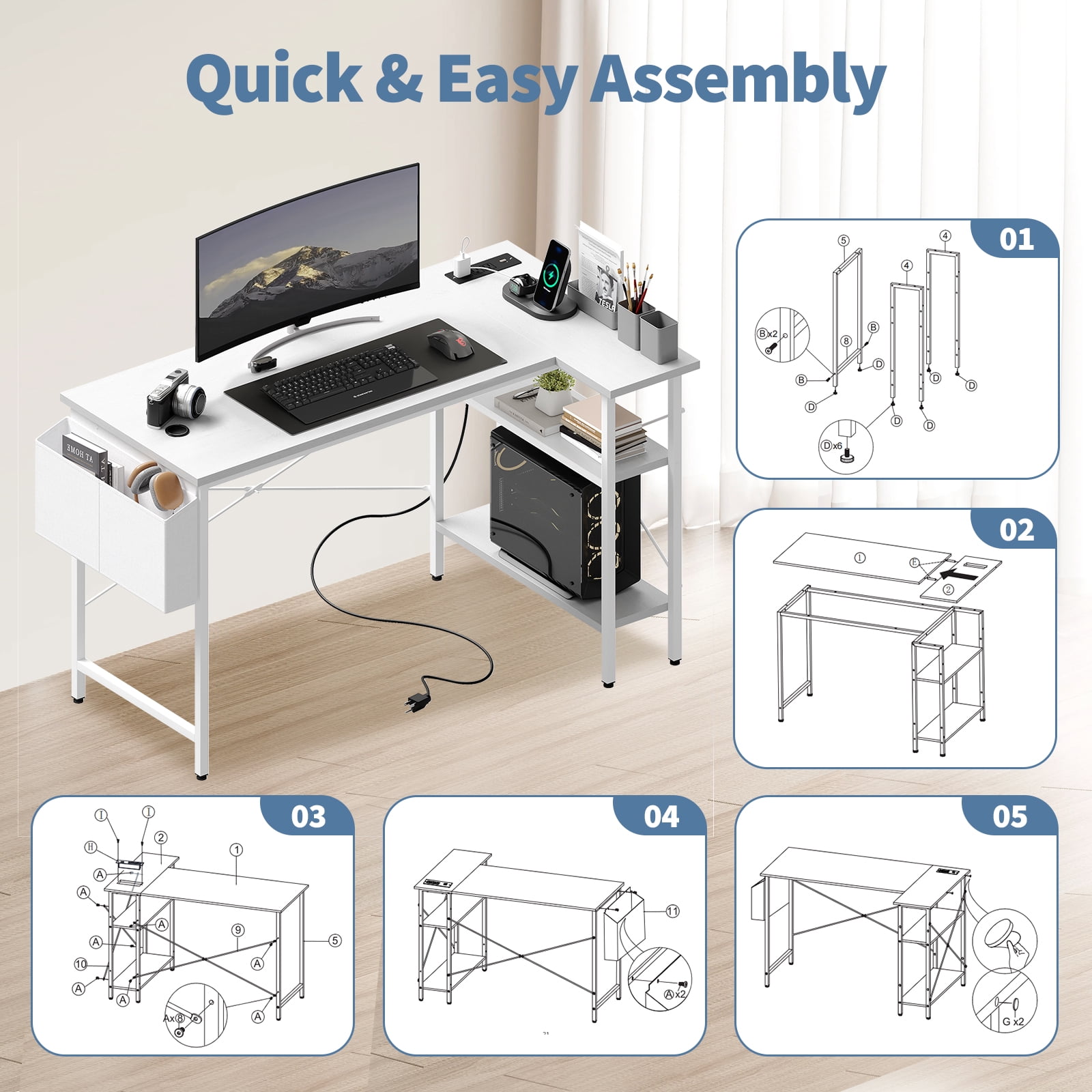 CONCETTA 39 Inch Gaming Computer Desk with Power Outlet & LED Strip, Reversible Storage Shelves for Home Office, White
