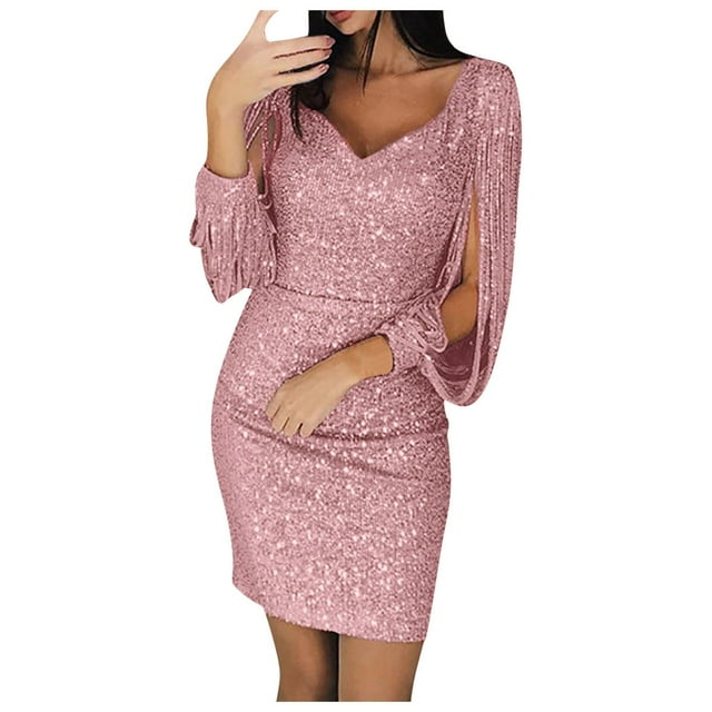 Vestido mini sexy de manga larga con costuras de lentejuelas para mujer - Para discotecas y fiestas, brillante, poliéster