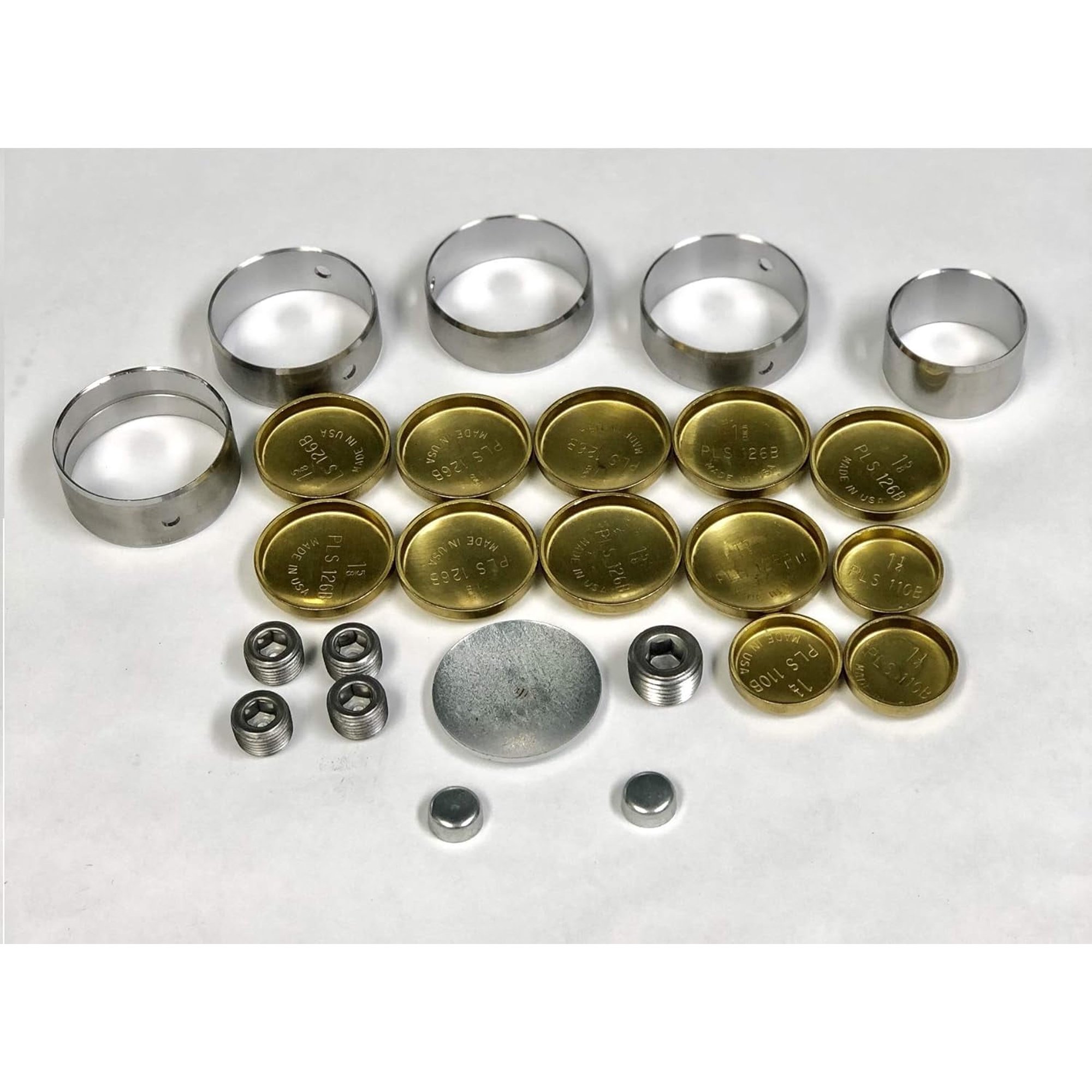 USA Made Brass Freeze Plug Set & Cam Bearings Compatible with Chrysler sb 273 318 340 359 360