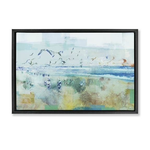 Stupell Industries Abstract Birds Over Beach Abstract Painting Black Floater Framed Canvas Art Print Wall Art, 25 x 17