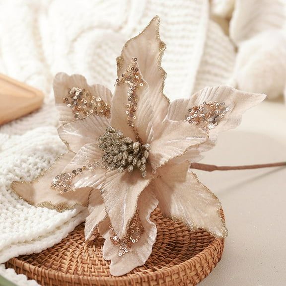 Luolandi 28cm Christmas Artificial Flowers Velvet Sticky Powder Glitter Flower Xmas Tree Hanging Home Navidad Gifts New Year Party Decor Champagne