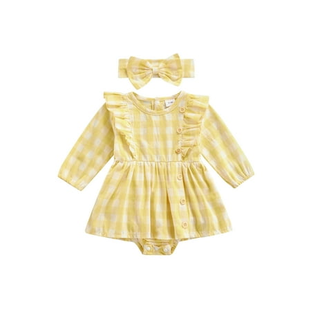 

Kiapeise Baby Girl One-Piece Romper Dress Ruffle Button Long Sleeve Bodysuit + Headband 2pcs