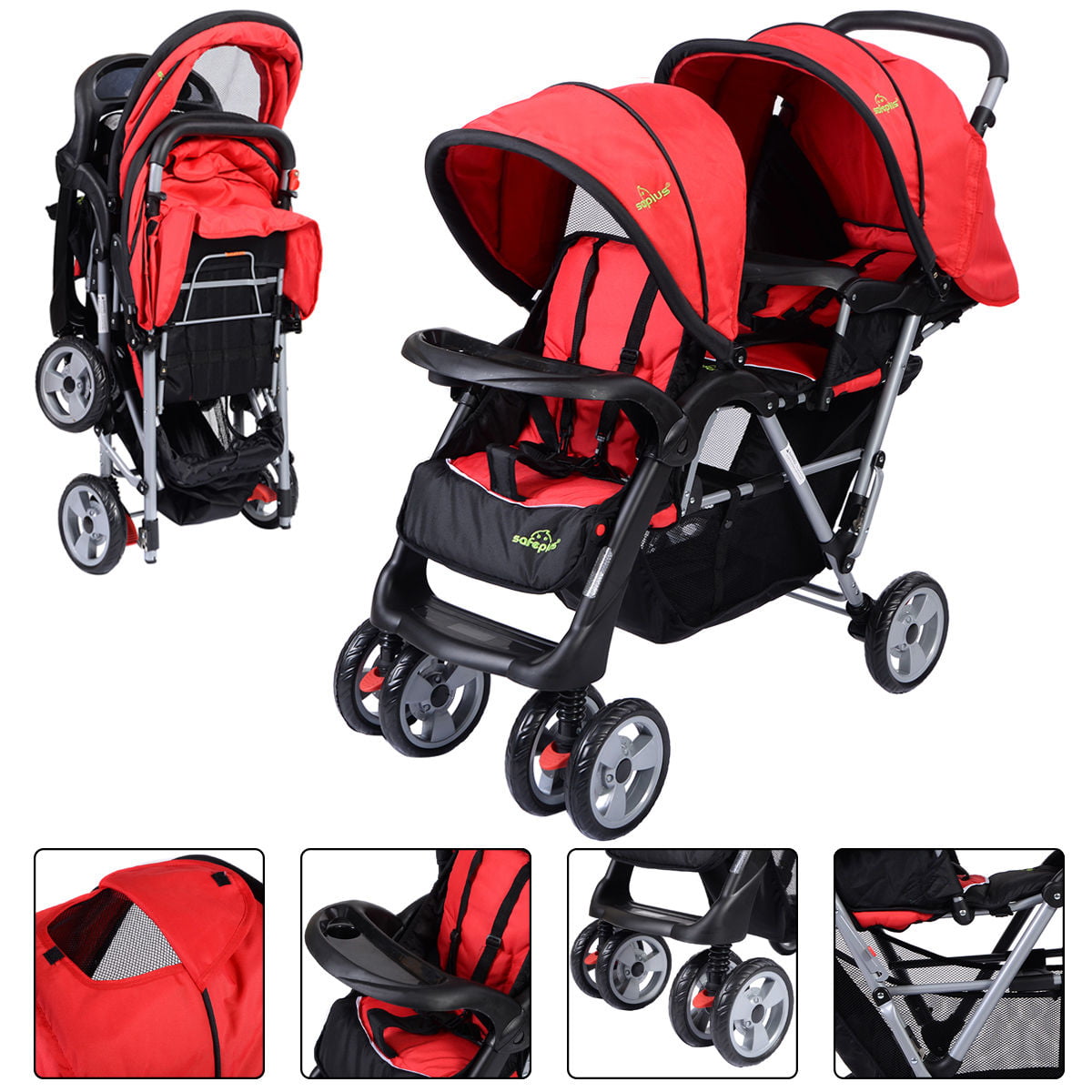 Foldable Twin Baby Double Stroller Kids Jogger Travel Infant  Pushchair Red 