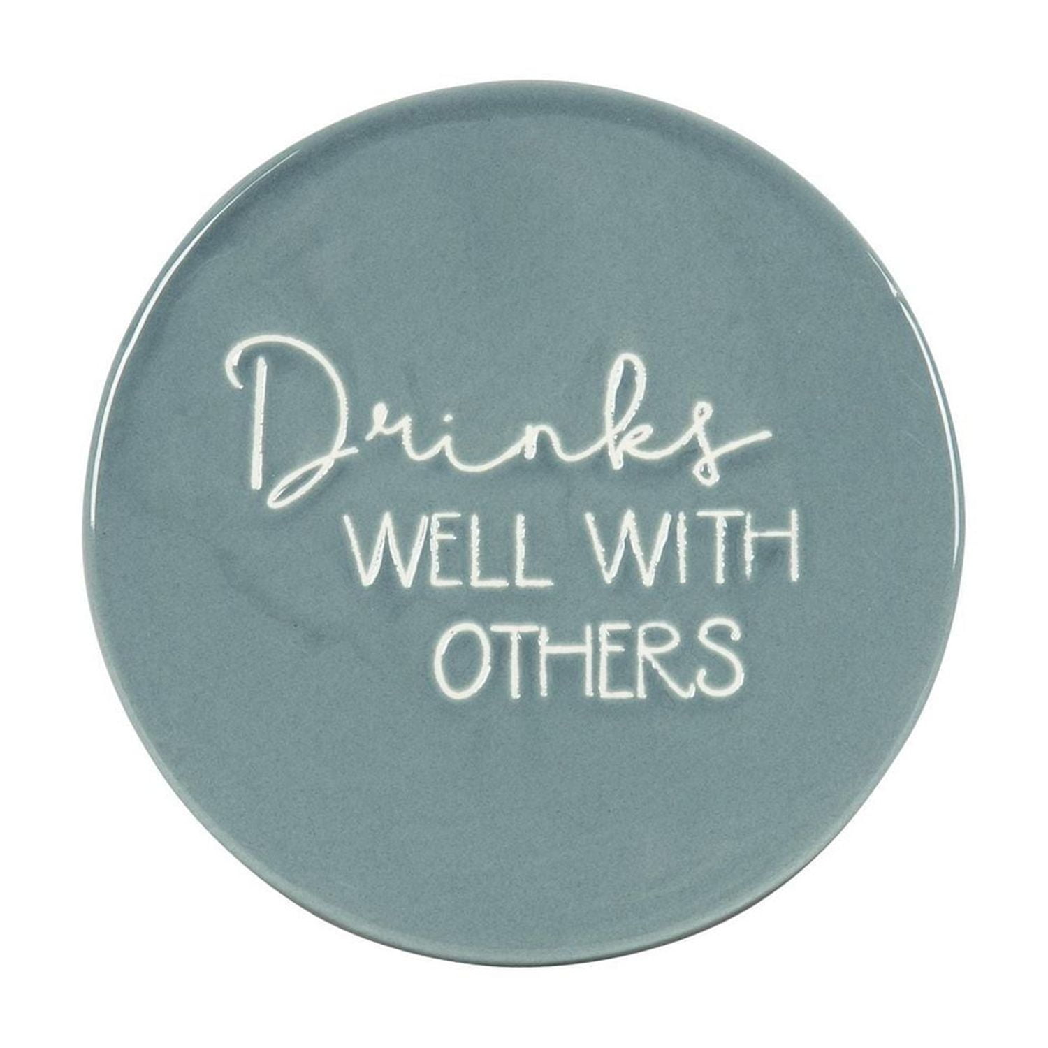 Linden Porcelain 4 Piece Coaster Set with Blue Finish, Assorted Sayings