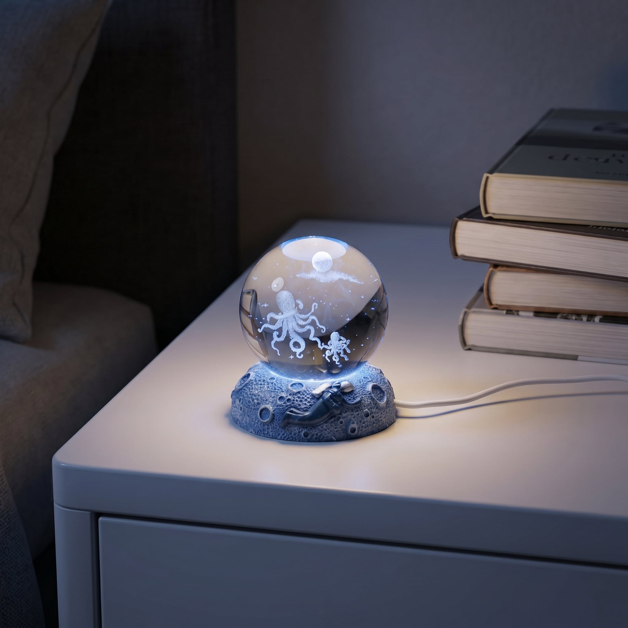 Unique Bargains Glowing Crystal Ball 3D Glass Ornament with LED Light Base Blue Style H