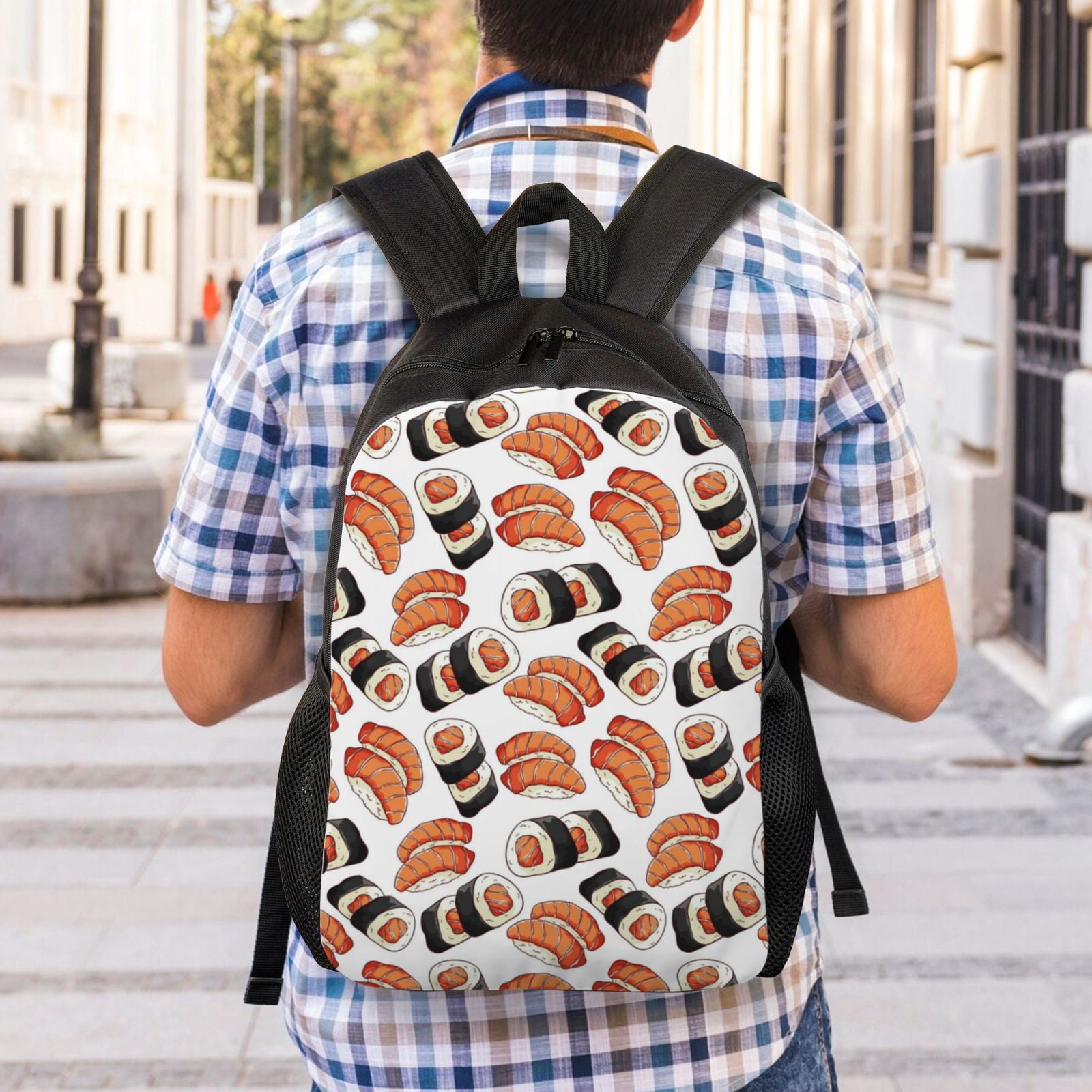 Xecao Sushi Roll Print School Backpack with Laptop Compartment Small Travel Laptop Backpack for Women Men Waterproof College Backpack Simple School Bag