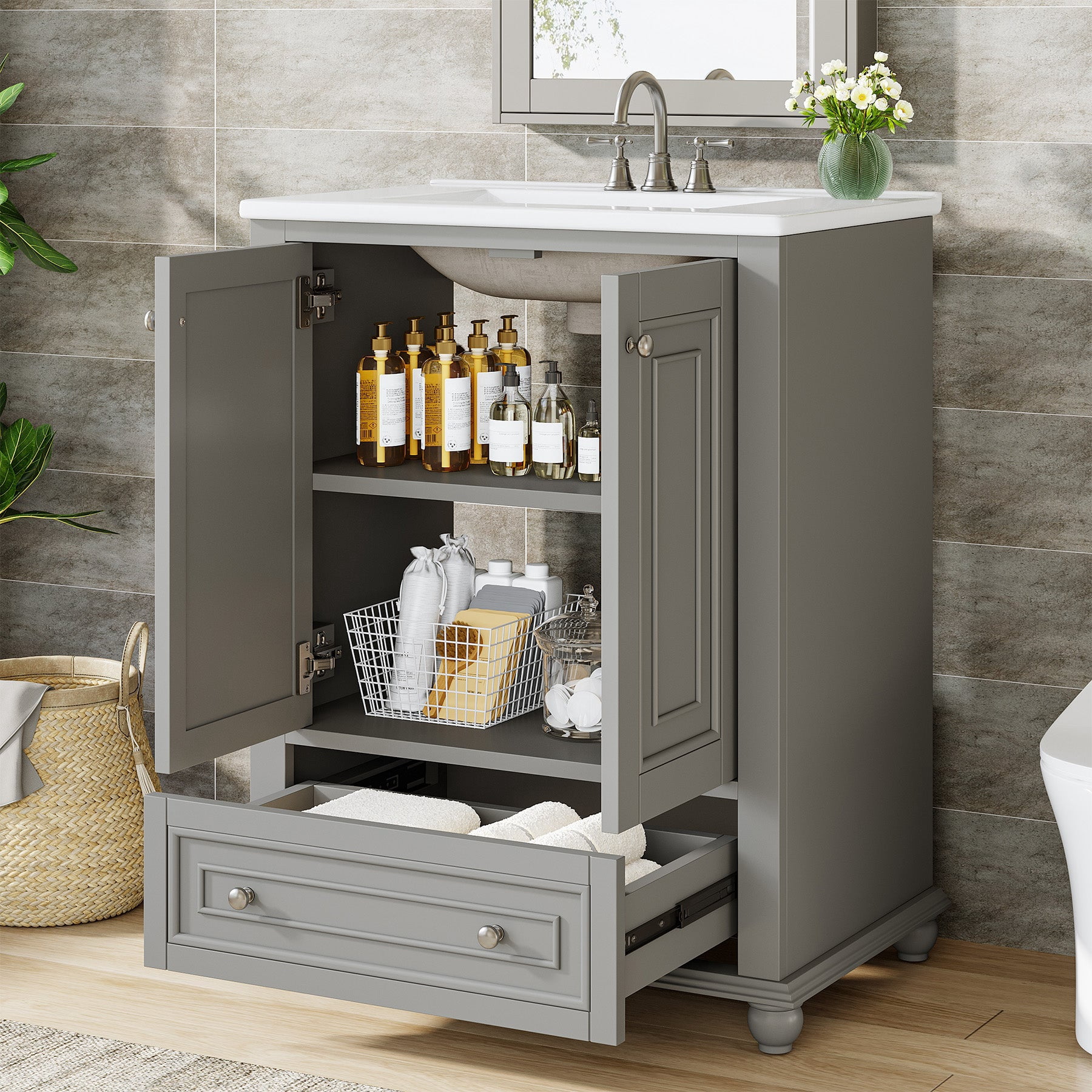 Fnova 24" Bathroom Vanity with Ceramic Sink Combo Freestanding Bathroom Storage Cabinet with 2 Doors 1 Drawer Solid Wood Frame Soft Close Hinges Waterproof Coated Surface for Small Bathroom
