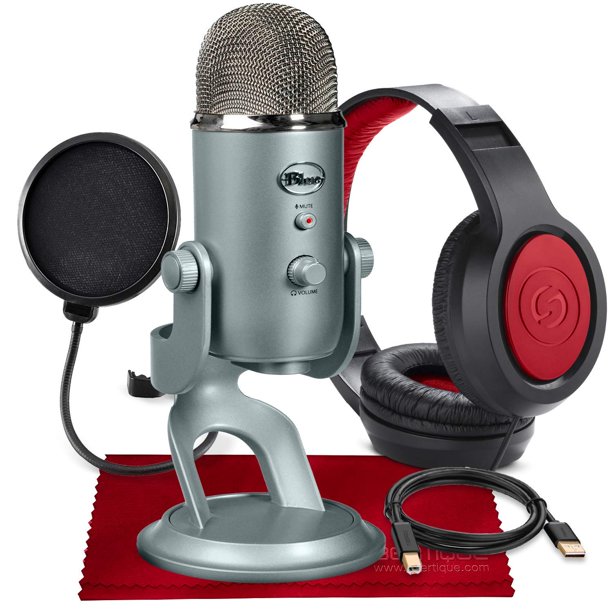 Blue Yeti Microphone USB (Platinum) avec Casque de Studio et Pack d'Accessoires de Filtre Pop